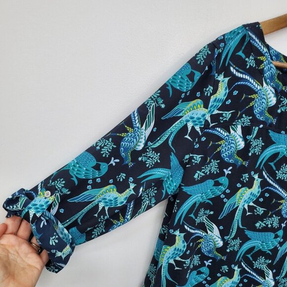 Ann Taylor LOFT Womens Peacock Tunic Top Size L Blue Roll Tab Sleeve Birds - Picture 8 of 13